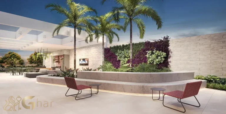 Praça externa arborizada no The Collection Vila Clementino em São Paulo