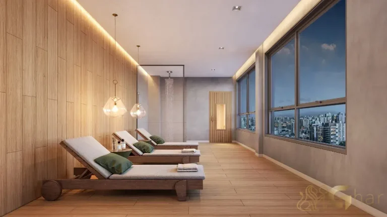 Sala de descanso com ducha no rooftop do The Collection Vila Clementino