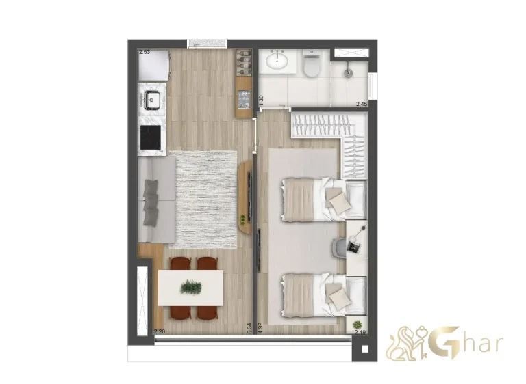 Planta tipo 1 dormitório 36m² The Collection Vila Clementino