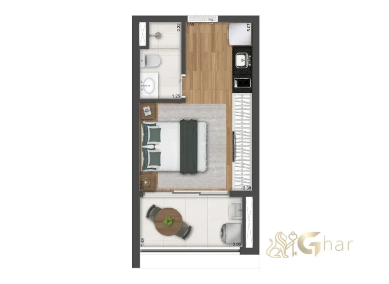 Planta de studio 25m² do The Collection Vila Clementino