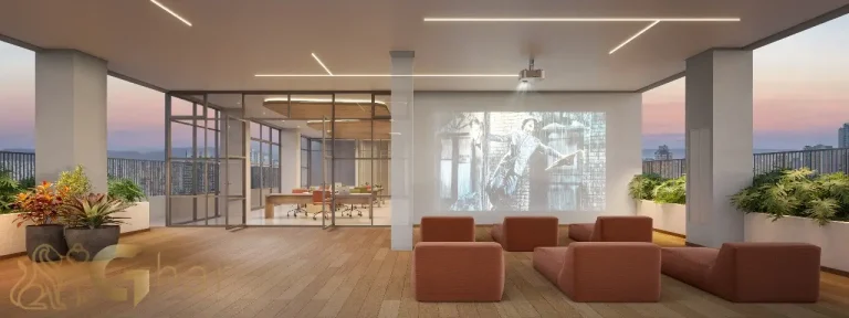 Cinema externo no rooftop do The Collection Vila Mariana com poltronas e projeção ao ar livre