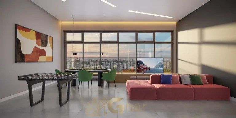 Salão de jogos moderno no The Collection Vila Mariana com mesa de sinuca e videogame