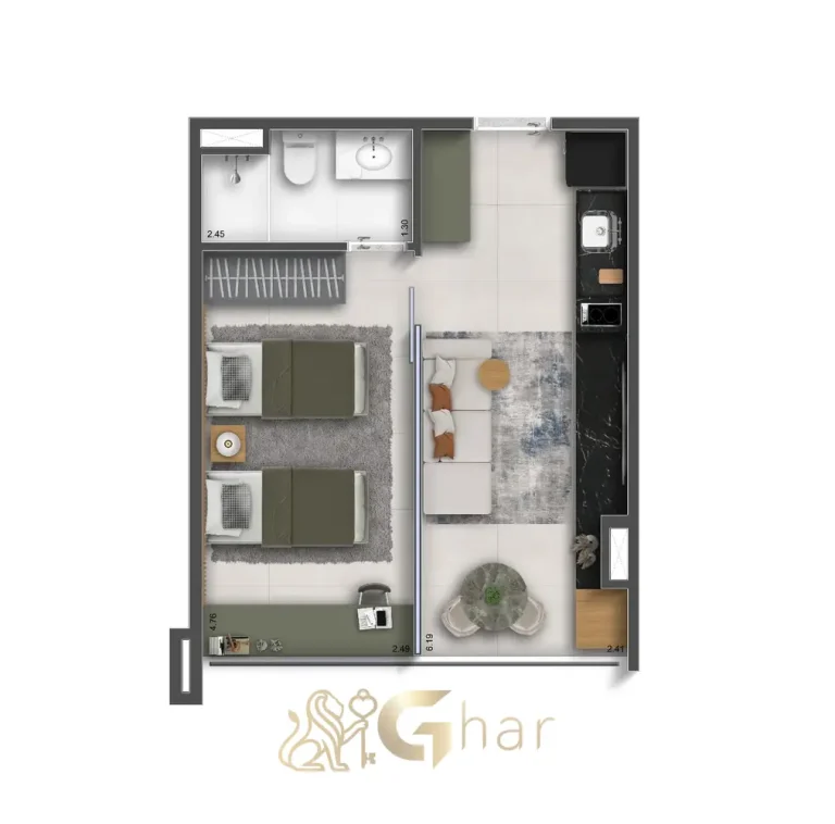 Planta de apartamento 1 dormitório 32m² com terraço integrado no The Collection Vila Mariana