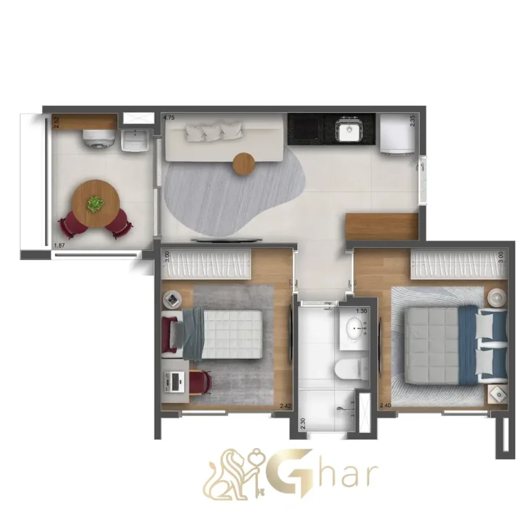 Planta de apartamento 2 dormitórios 40m² no The Collection Vila Mariana com distribuição funcional