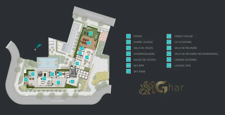 Planta de implantação do rooftop do The Collection Vila Mariana com sky bar e áreas de lazer