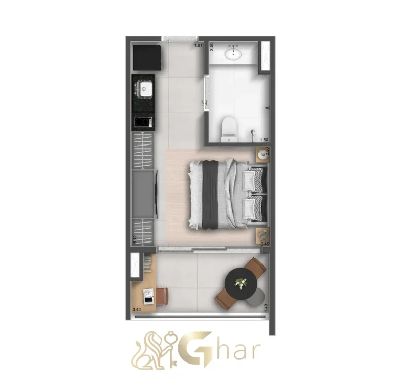 Planta de studio 26m² padrão no The Collection Vila Mariana