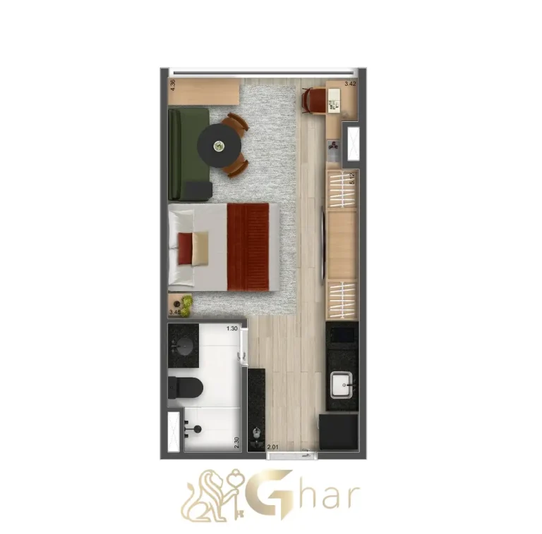 Planta de studio 25m² com terraço integrado no The Collection Vila Mariana