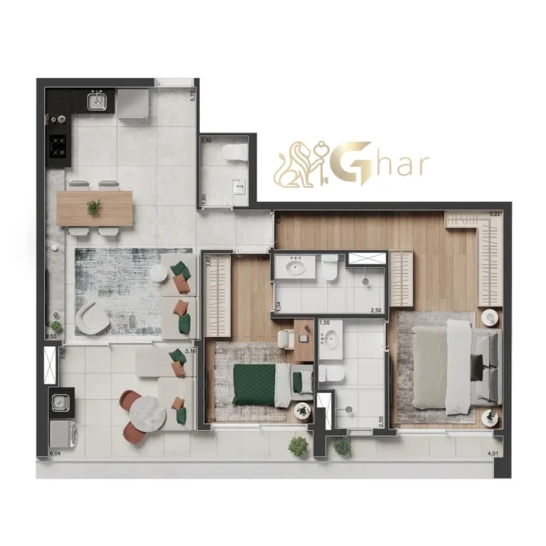 Planta apartamento 2 suítes 74 m² The Rose Vila Mariana Torre Savi