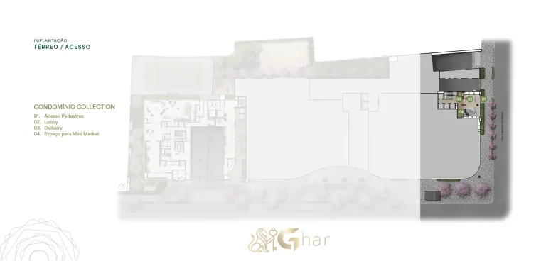 Planta de implantação térreo com acessos The Rose Vila Mariana