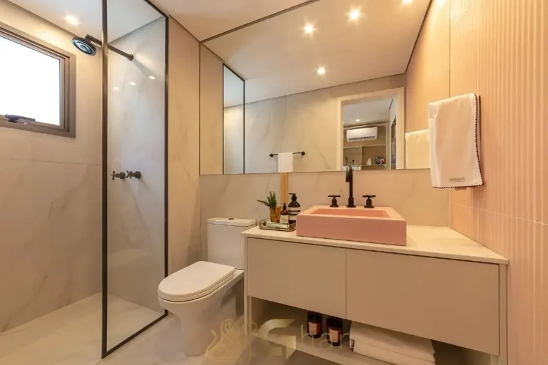 Banheiro da suíte decorada no apartamento Valen Capote Valente Pinheiros São Paulo