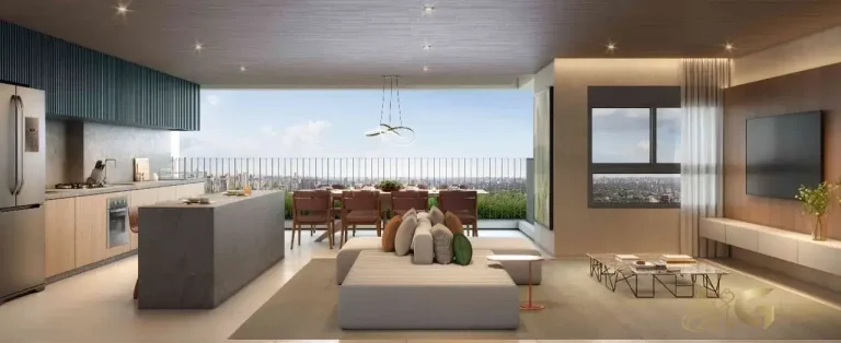 Living decorado do apartamento de 128m² no Valen Capote Valente Pinheiros São Paulo