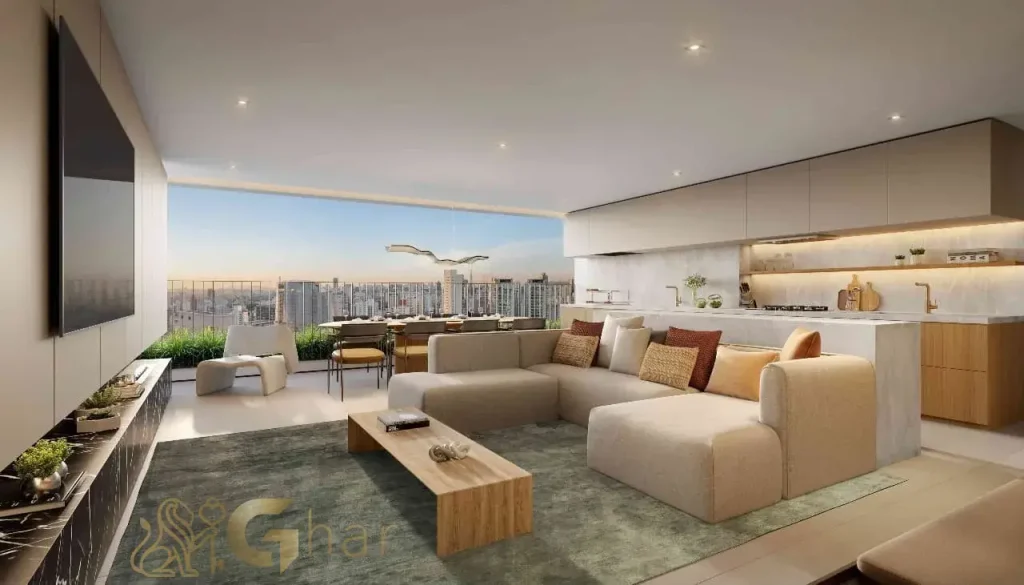 Living decorado do apartamento de 148m² no Valen Capote Valente Pinheiros São Paulo