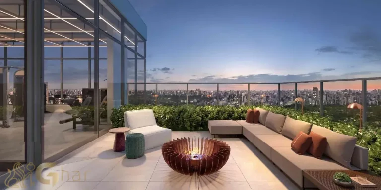 Lounge externo com design moderno no Valen Capote Valente em Pinheiros São Paulo