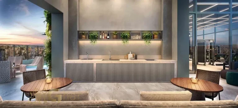 Pool bar no rooftop do condomínio Valen Capote Valente Pinheiros São Paulo