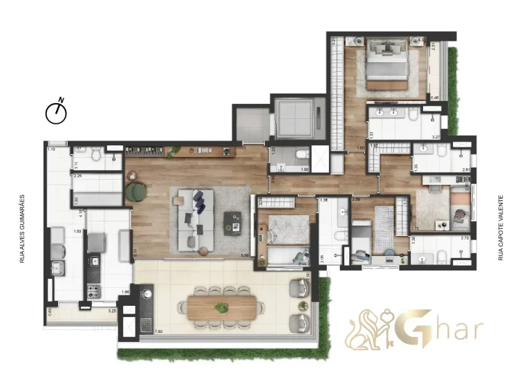Planta do apartamento 4 suítes 187m² Valen Capote Valente Pinheiros São Paulo