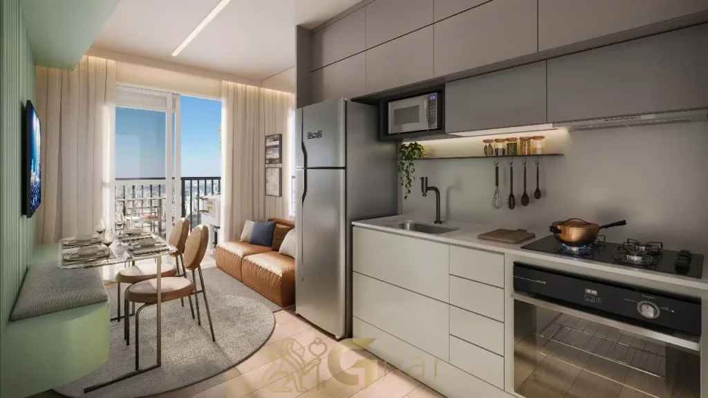 Living do apartamento decorado Vila Boulevard Mooca com 37m² e varanda integrada
