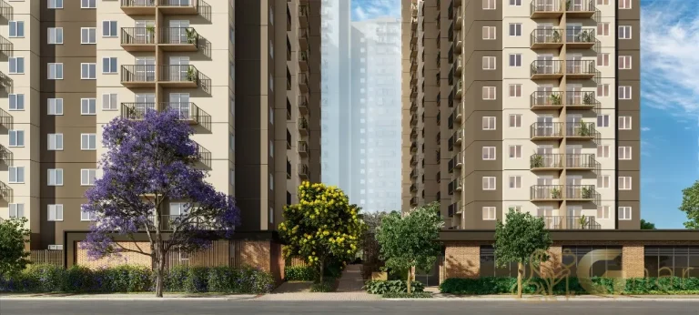 Fachada e portaria do condomínio Vila Boulevard Mooca na Rua dos Trilhos