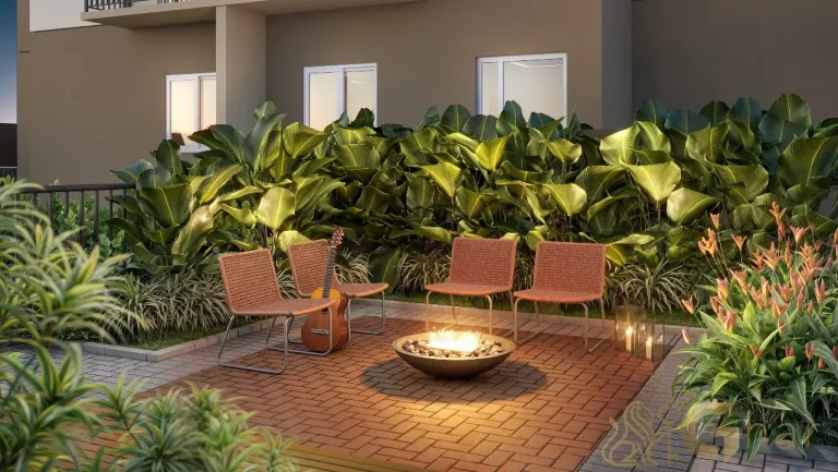 Lounge com lareira do Vila Boulevard Mooca em área de convivência