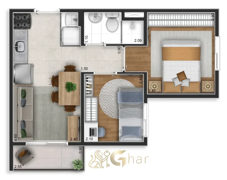 Planta do apartamento Vila Boulevard Mooca 2 dormitórios 34m²