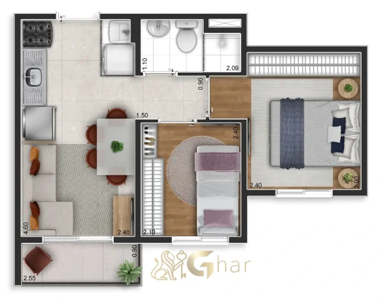 Layout compacto de 34m² do Vila Boulevard Mooca com 2 dormitórios