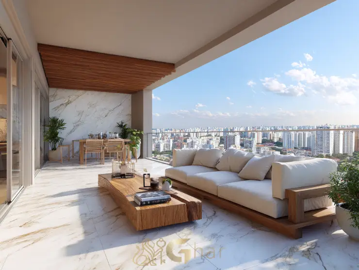 Varanda e vista para a cidade em empreendimento no centro de sp