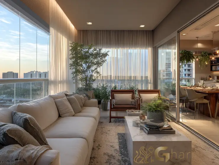 Sala de estar integrada à varanda em imóvel na capital paulista