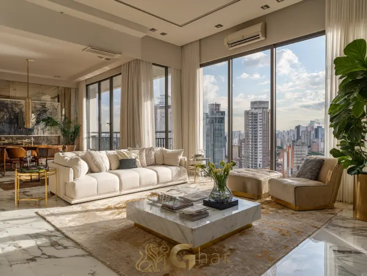 Sala de estar e jantar integradas à varanda em imóvel na capital paulista