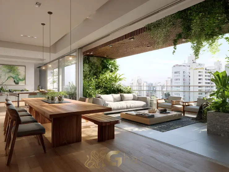 Sala de jantar integrada à varanda em edifício na capital paulistana