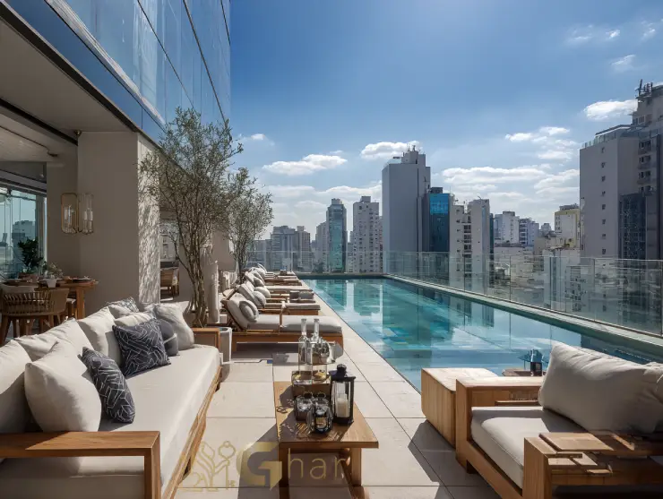 Piscina e área externa — apartamentos à venda em Cerqueira César