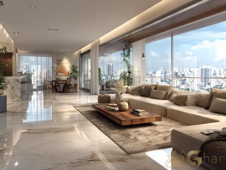 Sala de estar de alto padrão em apartamento à venda na Chácara Santo Antônio