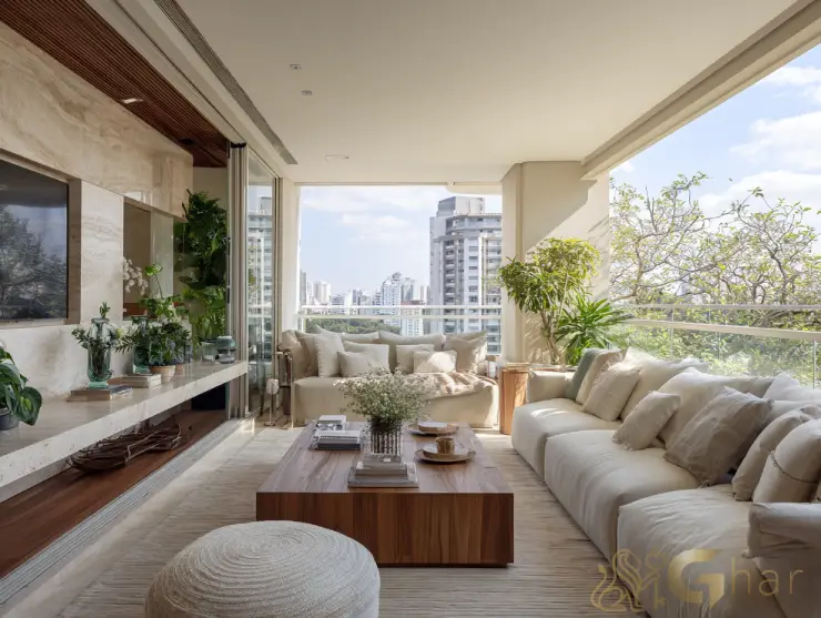 Sala e varanda integradas em imóvel na zona norte de São Paulo