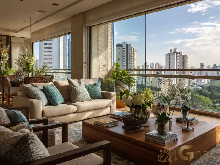Sala de estar ampla em apartamento à venda no Ibirapuera de alto padrão