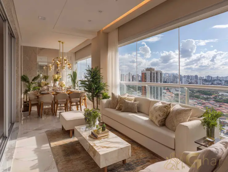 Varanda gourmet decorada e vista panorâmica na zona sul da capital paulistana