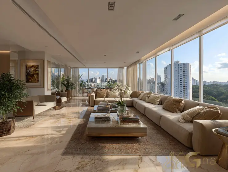 Sala de estar de alto padrão em apartamento à venda no Jardim das Perdizes