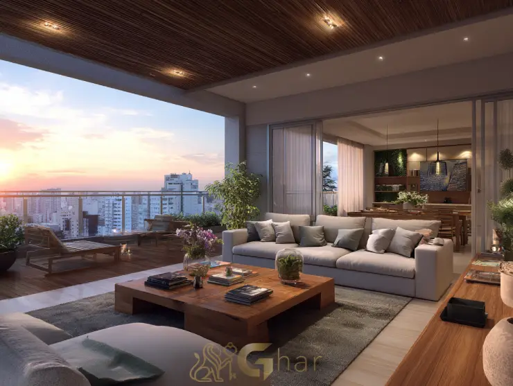 Sala de estar e jantar com varanda em apartamento no Jardim das Perdizes