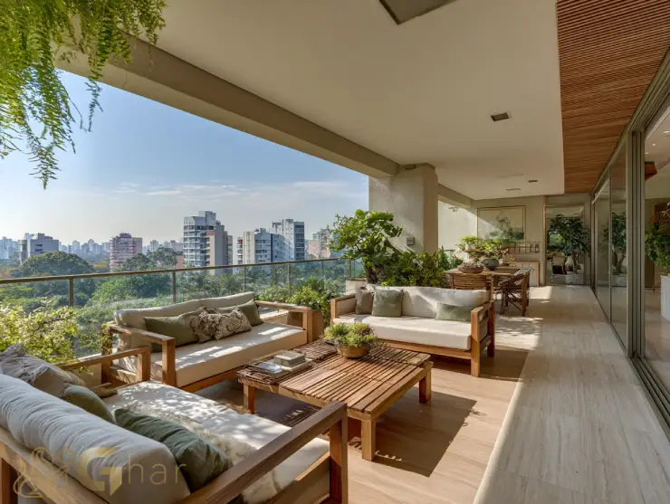 Varanda ampla em imóvel na zona oeste de São Paulo com vista para o parque