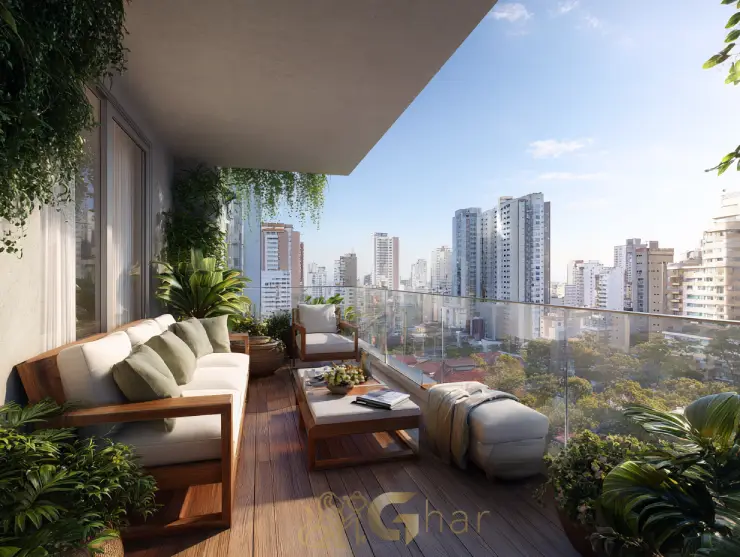 Varanda decorada em imóvel na zona oeste de sp com vista para o parque