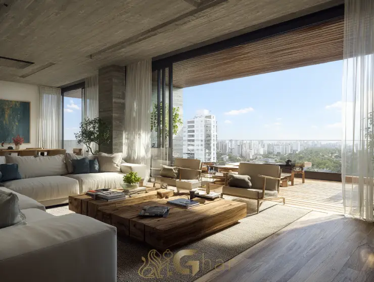 Sala de estar com varanda ampla e vista em apartamento à venda no Jardim São Paulo