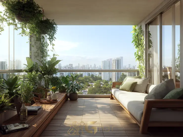 Varanda decorada e aconchegante em imóvel na zona norte de São Paulo