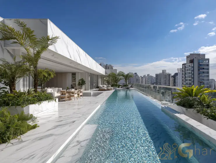 Cobertura à venda no Jardins com piscina e área externa ampla para lazer.