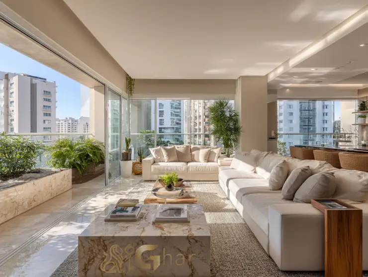 Apartamento de alto padrão à venda no Jardins com sala decorada e acabamento premium.