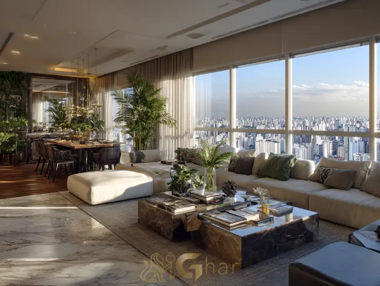 Sala de estar aconchegante em apartamento à venda no Jardins, São Paulo.