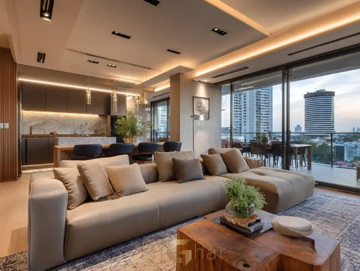 Sala de estar integrada à varanda em apartamento à venda em Moema