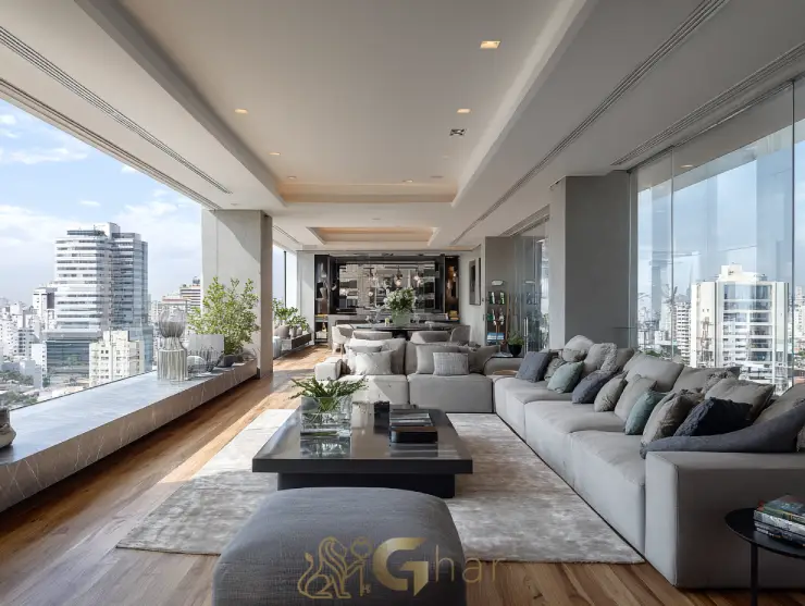 Sala de estar com vista panorâmica em imóvel na capital paulista