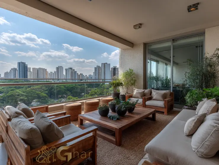 Varanda ampla decorada em imóvel na zona leste de São Paulo