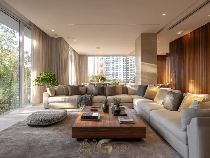 Sala de estar de alto padrão em apartamento à venda na Parada Inglesa