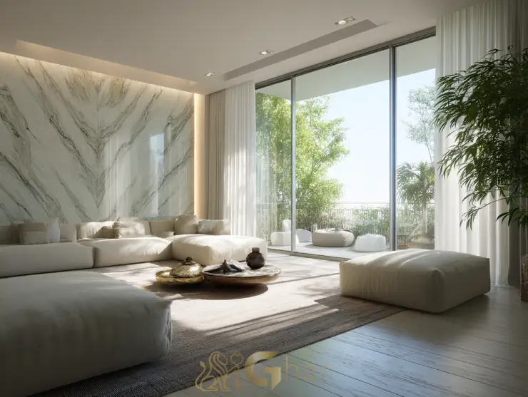 Sala de estar ampla e decorada em apartamento à venda na Parada Inglesa