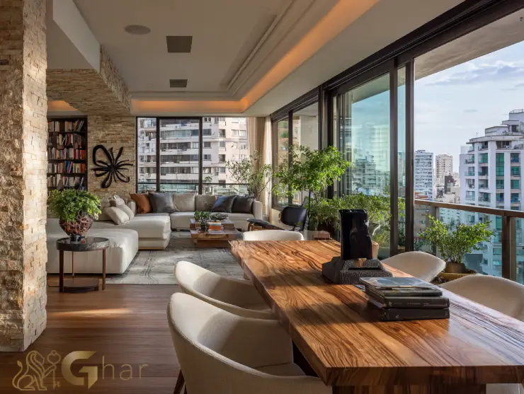 Sala de estar e jantar integrada em apartamento à venda na Parada Inglesa