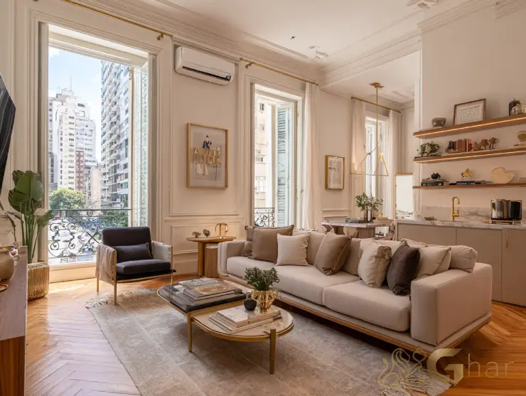 Sala de estar moderna em apartamento à venda em Pinheiros