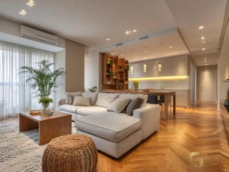 Sala de estar e jantar integrada em imóvel na zona oeste de São Paulo